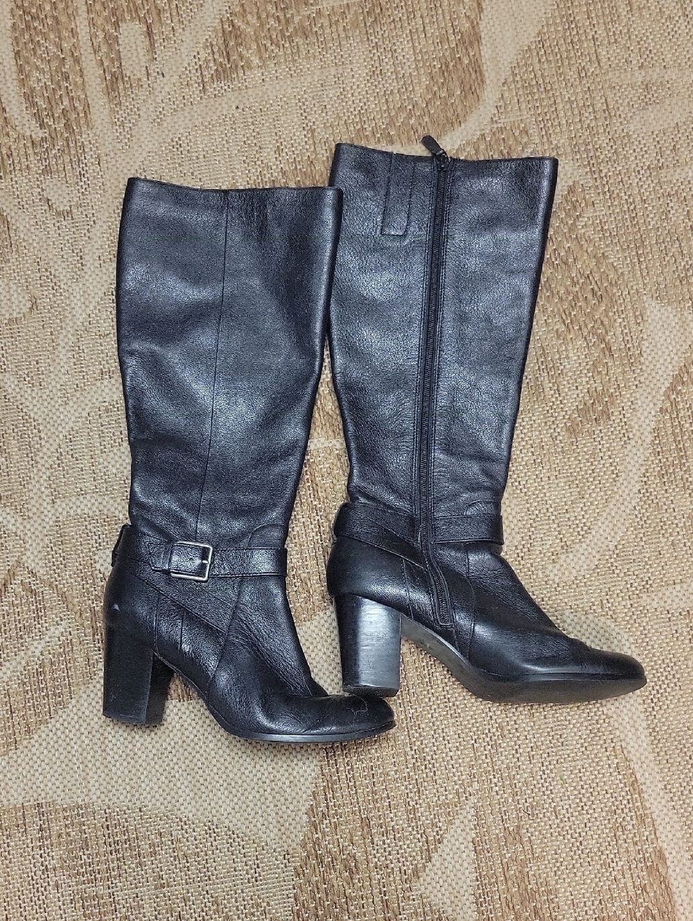 Black Leather Mid-Calf Heeled Boots